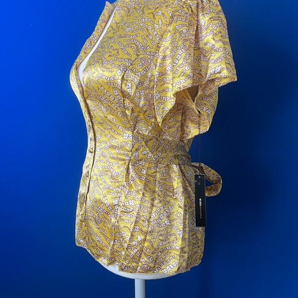 BCBGMaxAzria NWT Yellow Flower Print Tie Ribbon Blouse, Button Detail - Size M - Picture 4 of 9